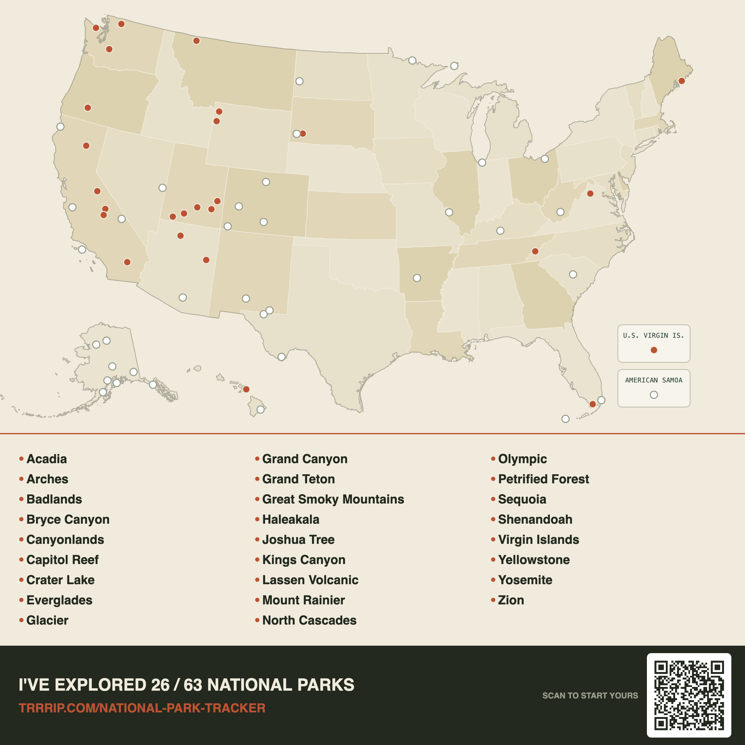 Map of U.S. national parks visited, 26 of 63